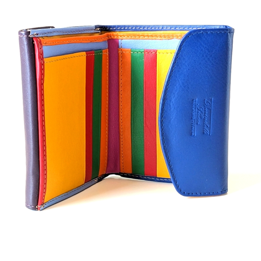 Multicolor Leather Card Holder Wallet - Blue Exterior